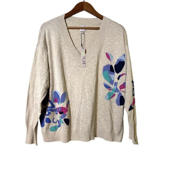 NIC and ZOE Sweater Blooming Floral Intarsia Sweater Beige Size 2X - Picture 2 of 9